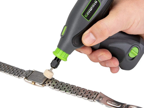 Genesis 8V Variable Speed Rotary Tool Kit used to polish a metal watch band