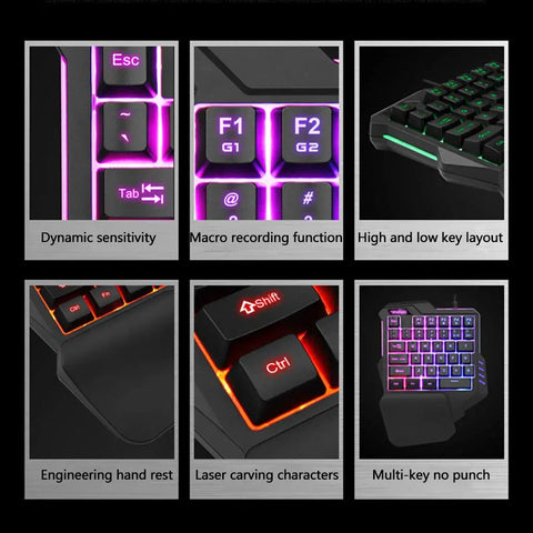 Compact 35 Key Mechanical Gaming Keyboard With Ergonomic Wrist Rest And Snappy One Handed Keypad showing macro keys and dynamic RGB lighting.