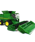 Big Farm S690 1 To 16 Scale Combine With Corn Head And Draper Head Realistic Lights And Sounds Durable Farm Toy For Indoor And Outdoor Play Unload Grain From Tank Through Rotating Auger Ages Three And Up, front view, 1:16 scale, green, child play