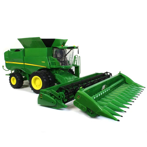 Big Farm S690 1 To 16 Scale Combine With Corn Head And Draper Head Realistic Lights And Sounds Durable Farm Toy For Indoor And Outdoor Play Unload Grain From Tank Through Rotating Auger Ages Three And Up, front view, 1:16 scale, green, child play