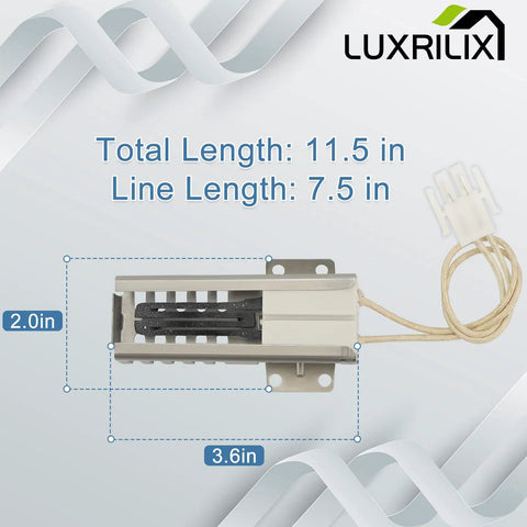 Oven Igniter Replacement For Major Range Brands Including Electrolux Kenmore Whirlpool GE Hotpoint Maytag Roper Tappan Range Stove 11.5 Inch Total Length 3.6 Inch Body 7.5 Inch Leads With Ceramic Nuts, product dimensions labeled on image