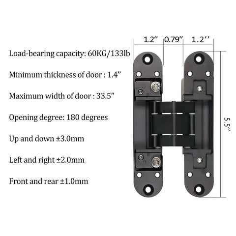 5.5 Inch Hidden Door Hinges For Secret Doors 180 Degree Heavy Duty Invisible Hinges Silent 3D Adjustable Concealed Hinges Black