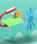Hands-On Hydraulic Generator Toy For STEM Learning with red handle and blue fan on green base