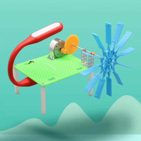 Hands-On Hydraulic Generator Toy For STEM Learning with red handle and blue fan on green base