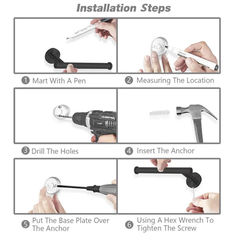 Installation steps for Two Piece Matte Black 16 Inch Double Towel Bar Set with concealed mounting holes using tools.