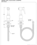 Technical drawing of Kitchen Faucet Sprayer with Hose in Polished Brass, 60 inch grey braided PVC hose, 1/4-18 NPS connection.