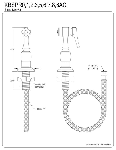 Technical drawing of Kitchen Faucet Sprayer with Hose in Polished Brass, 60 inch grey braided PVC hose, 1/4-18 NPS connection.
