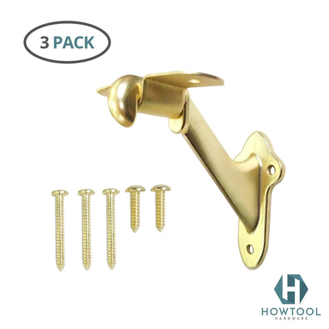 3 Pack Wooden Stair Handrail Brackets Champagne Brass Finish, Low Profile Wall Mount Supports For Stair Rails, Easy Install Kit