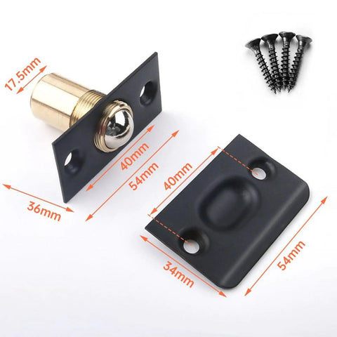 Heavy Duty Adjustable Ball Door Catches Black Brass Roller Latch Tension Hardware For Closet Cupboard And Cabinet With Invisible Design For Home And Office Use, showing dimensions.
