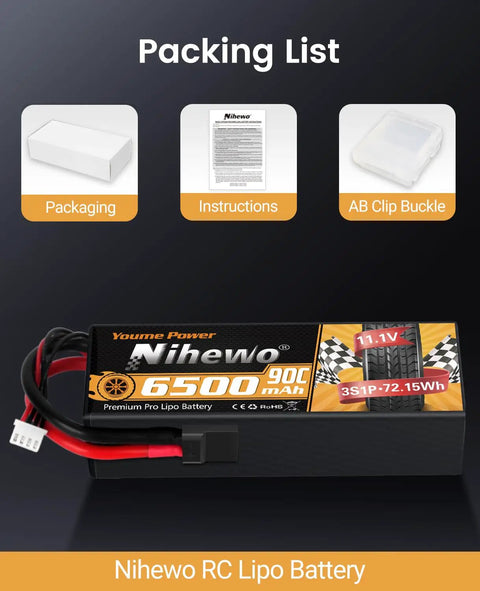 Packing list featuring 3S 11.1V 6500mAh 90C High Power Hard Case RC Battery with TR Plug and EC5 Adapter and accessories.