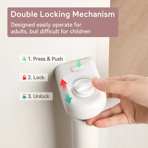 Close-up of double locking mechanism on retractable baby gate mesh barrier for doorways and stairs, 33-inch tall, pet friendly.