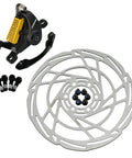 Front And Rear Post Mount Mechanical Disc Brake Set Including Matched Rotors In Classic Black Gold Finish showing caliper, rotor, and bolts.