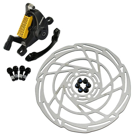 Front And Rear Post Mount Mechanical Disc Brake Set Including Matched Rotors In Classic Black Gold Finish showing caliper, rotor, and bolts.