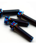 Top Shelf Grade 5 M8 Titanium Screws 4 Pack Burning Blue Torx Flange Head Bolts arranged showing blue finish and threaded length.