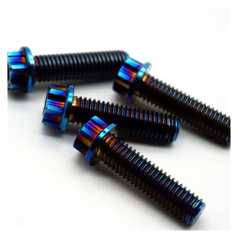 Top Shelf Grade 5 M8 Titanium Screws 4 Pack Burning Blue Torx Flange Head Bolts arranged showing blue finish and threaded length.