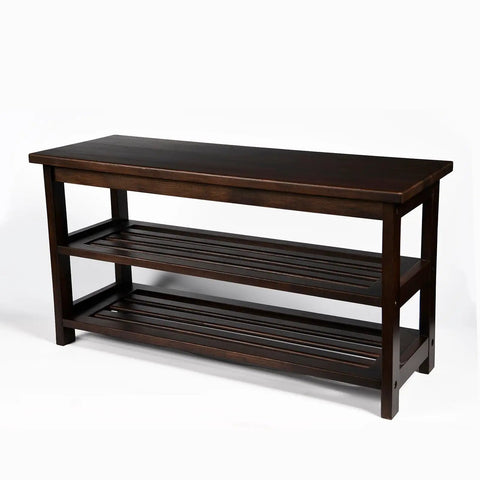 Sturdy Hickory Wood Shoe Bench With Massive Storage For Entryway And Mudroom Indoor Outdoor Ready Front Door Organizer USA Grown Hardwood Dark Walnut Finish Solid Top And Bottom Shelves