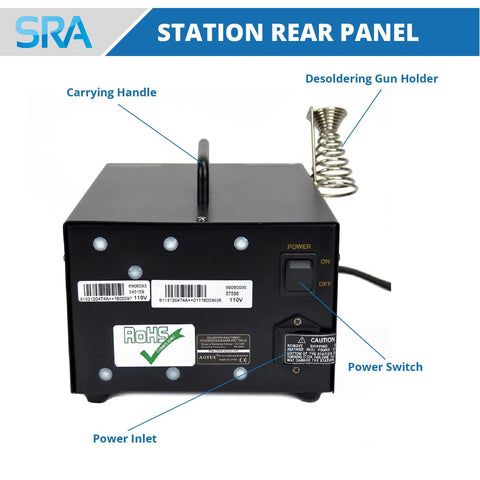 Pro Grade Digital Desoldering Station With 80W Heater And Built In Vacuum Pump, rear panel view, showing power switch and inlet.