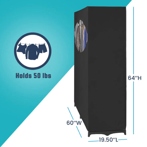 Grab-And-Go Portable Wardrobe Closet Organizer With Hanging Rack Extra Wide No Tool Assembly Heavy Duty Clothes Storage System For Busy Homes Black 60L X 19.5W X 64H Durable And Easy To Set Up side view