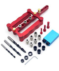 Heavy Duty Self Centering Doweling Jig Kit With Pocket Inclined Hole Drill Guide And 6 8 10 Millimeter Metric Dowel Positioner Locator Kit on white background.