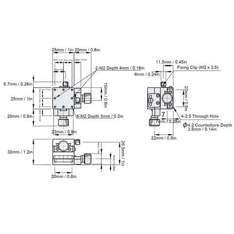 Technical schematic of Pro Grade Manual XY Sliding Stage with measurements, dovetail guide, and lead screw for precise lab alignment