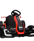 Red K61 Electric Go Kart For Kids 6-12 with adjustable seat and 24V motor, black steering wheel, and sleek design.