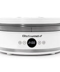 Top Shelf Digital Food Dehydrator Featuring Five Collapsible Trays With Smart Temperature Controls And Built In Timer, white and silver design.