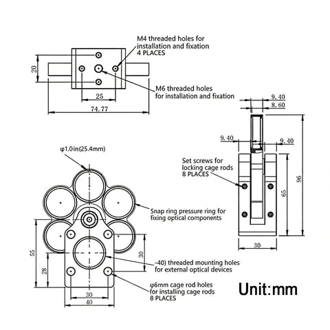 Technical diagram of Half Inch Six Position Filter Wheel for 30mm Cage Systems with coaxial filter holder dimensions.