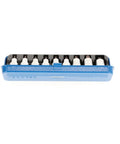 Heavy-Duty Half Inch Drive Screwdriver Bit Socket Set, 9-Piece With Torx T20 Through T60, ITX19PM Style in blue case, top view.