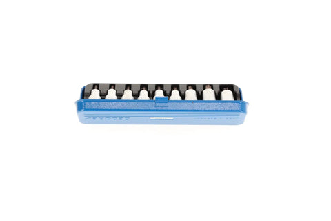 Heavy-Duty Half Inch Drive Screwdriver Bit Socket Set, 9-Piece With Torx T20 Through T60, ITX19PM Style in blue case, top view.