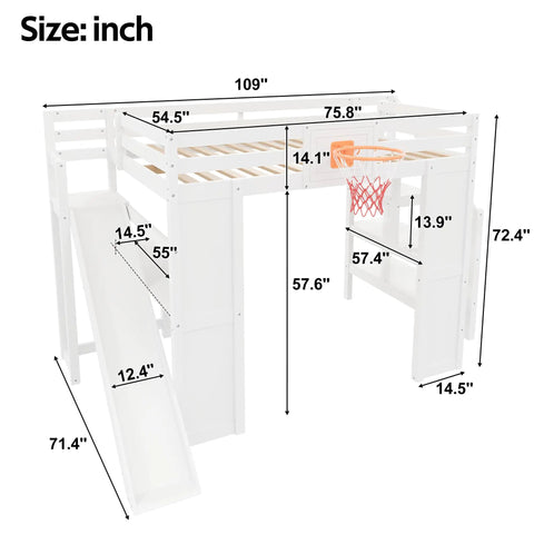 No Fuss Full Size Wooden Loft Bed With Built In Desk And Clever Storage Stairs, dimensions display and basketball hoop.