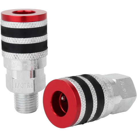 Two Milton Colorfit M-style 1/4 in NPT quick-connect couplers with red ends, silver bodies and black rubber bumpers