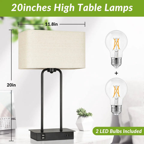 Must Have Set Of 2 Modern Table Lamps With USB Ports And AC Outlet, Touch Three Way Dimmable Bedside Lamps, size 20 inches, 2 LED Bulbs