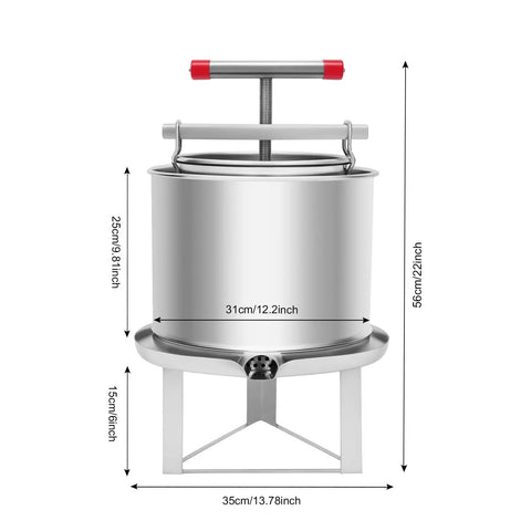 Manual Honey Press Extractor For Beeswax And Honeycomb Drums Stainless Steel Kitchen Tool With 532.6 Oz Capacity dimensions view