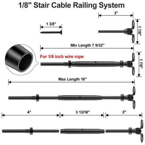 Ten Pair One Eighth Inch Black Cable Railing Kit With Swage Toggle Turnbuckle Hardware dimensions diagram