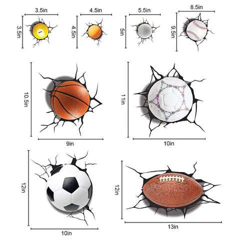 3D Dope Sport Ball Wall Stickers Break Through Kit For Basketball, Football, Rugby, Baseball DIY Sports Decor showing 8 sports balls.