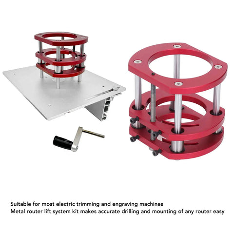 Built Tough Aluminum Router Table Insert Plate With Alignment Rings For DIY Woodworking Benches, includes red metal lift system.