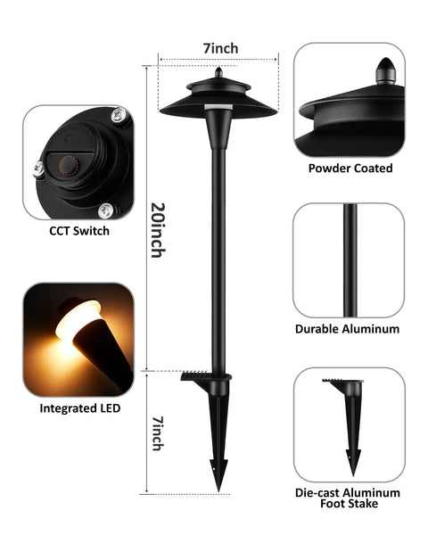 Diagram showing Low Voltage LED Pathway Lights 12V Wired With Adjustable Color Temperatures 2200K to 5000K features