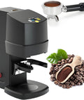 WLYPE Automatic Coffee Press With Adjustable Pressure 10-30kg, Electric Espresso Tamper, 30KG And Induction Powder Bowl 27x20x14cm next to coffee beans and scoop.