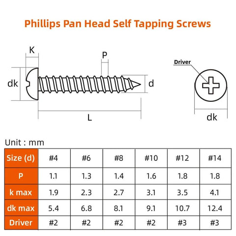 Diagram showing Size 8 By 2 Inch Pan Head Wood Screws Self Tapping Stainless Steel 304 50 Count For Fence Boards Wood Flooring Furniture Drywall And More Ideal For Decks Sheds Cabinets Quick DIY Friendly Fixes with measurements in mm.