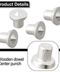 Close-up of Pro Grade 4 Piece Dowel Center Point Set for Woodworking with steel tenon marker pins for precise alignment