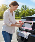 Woman installing Dope Two Pack Matte Cherry Baby Pink License Plate Frames Made From Stainless Steel For Cars