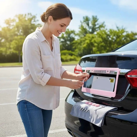 Woman installing Dope Two Pack Matte Cherry Baby Pink License Plate Frames Made From Stainless Steel For Cars