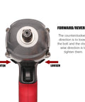 Beefy Electric Impact Wrench Half Inch Drive 12 Volt Cordless Tool With 400 Nm Max Torque showing forward/reverse directions.