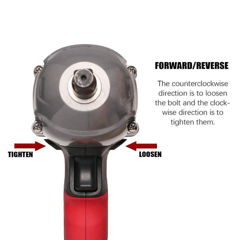 Beefy Electric Impact Wrench Half Inch Drive 12 Volt Cordless Tool With 400 Nm Max Torque showing forward/reverse directions.