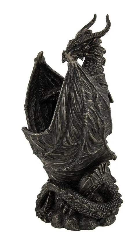 Guardian Of The Light Armored Dragon LED Night Light Statue 10 Inch Bronze Finish Cold Cast Bronze Home Decor Lamp For Dragon Fans And Mythology Nerds, side view showing detailed wings and scales.