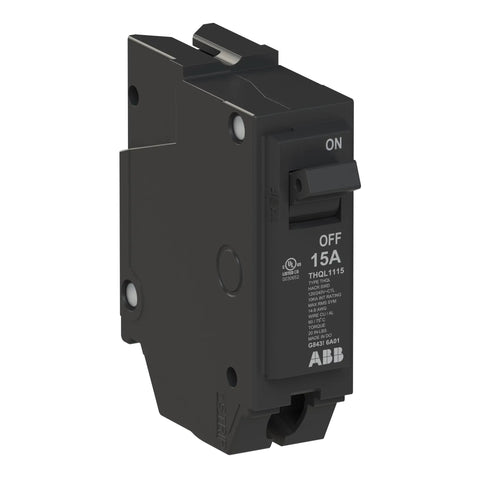 Straight Shooter 15 Amp Single Pole Circuit Breaker 120 240 Volt 10 Kaic rated thermal magnetic device side view.