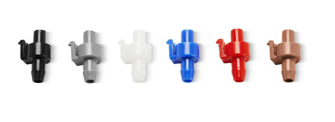 Assorted colored connectors from Silent Fill Valve Kit GP1083167 for Class Five Toilets, shown in black, gray, white, blue, red, brown.