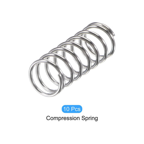 Ten-pack of silver stainless steel compression springs (0.8x10mm OD, 25mm free length)