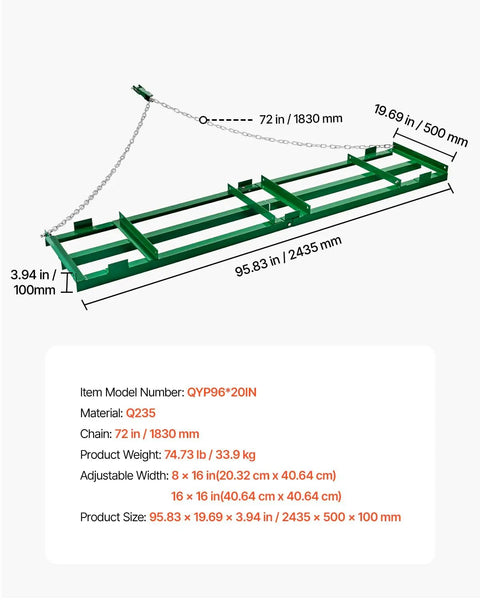 Heavy Duty Tow Behind Drag Harrow For ATV UTV Tractor And Lawn Care, 8 ft wide with adjustable bars and 72 inch chain, green iron