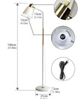 Industrial Floor Lamp With Rustic Farmhouse Vibe, adjustable metal heads, white finish, height details, swivel head shown